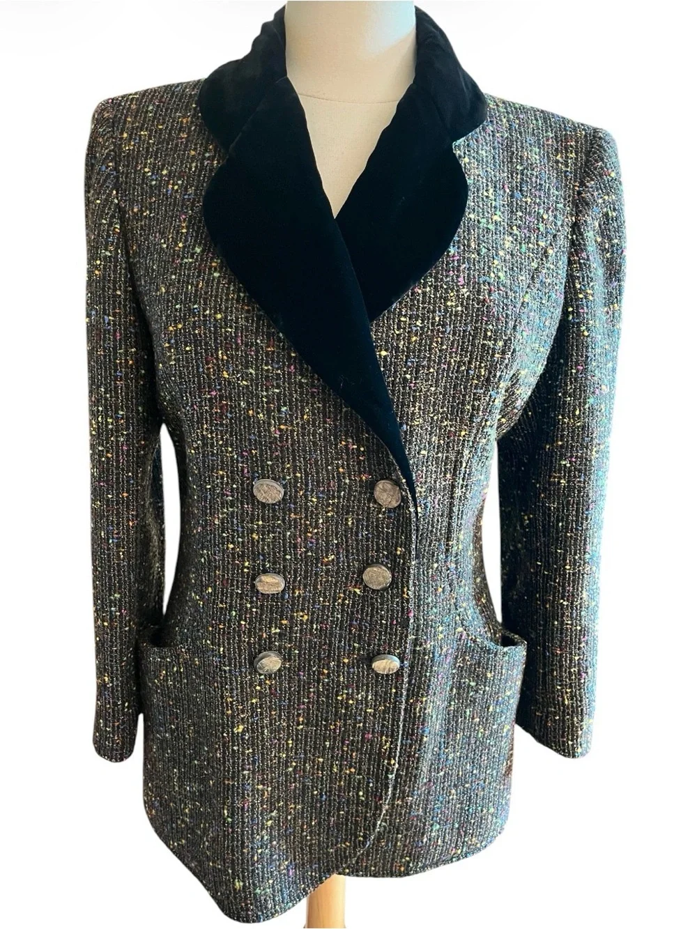 Emanuel Ungaro Black Tweed Blazer with Multicolor Speckle & Velvet Lapel Size 14